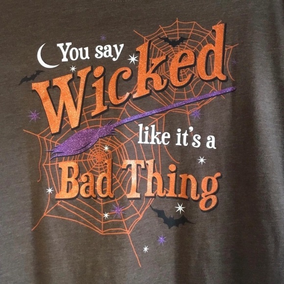 Brown Halloween witchy tee “You say wicked like it’s a bad thing” moon bat broom - Picture 2 of 4